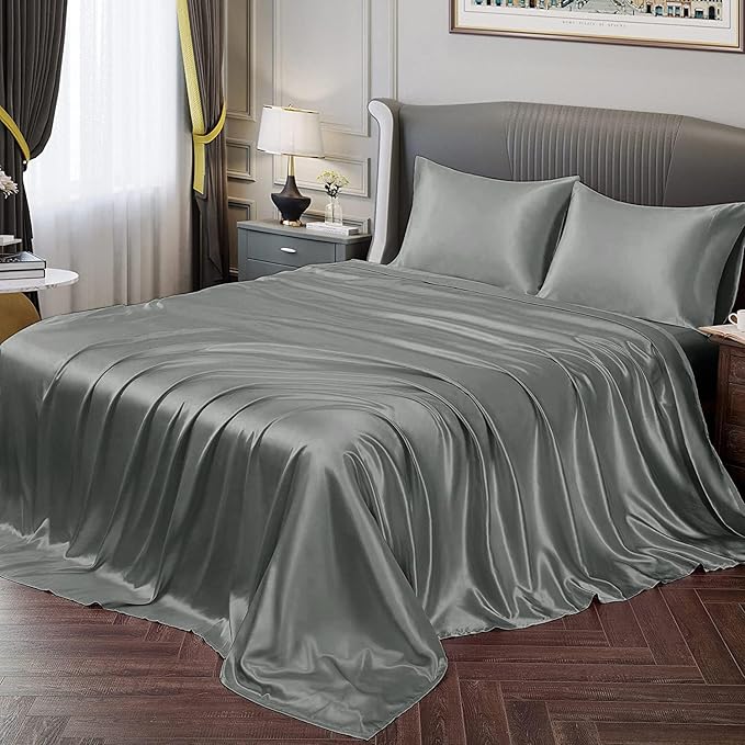 Cloth Fusion Satin Bedsheet for King Size Bed, Satin Sheet 108"X108"  (Silver)