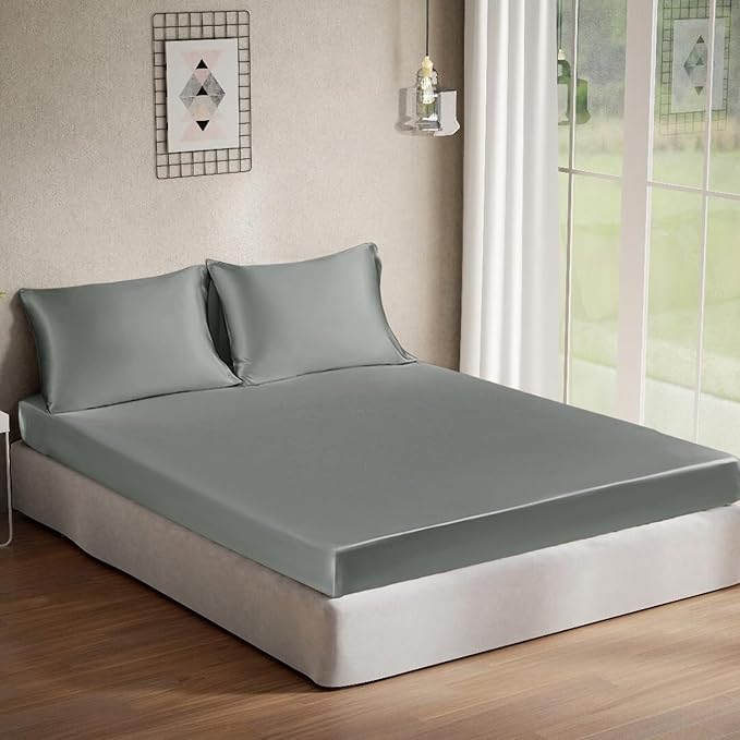 Cloth Fusion Satin Bedsheet for King Size Bed, Satin Sheet 108"X108"  (Silver)